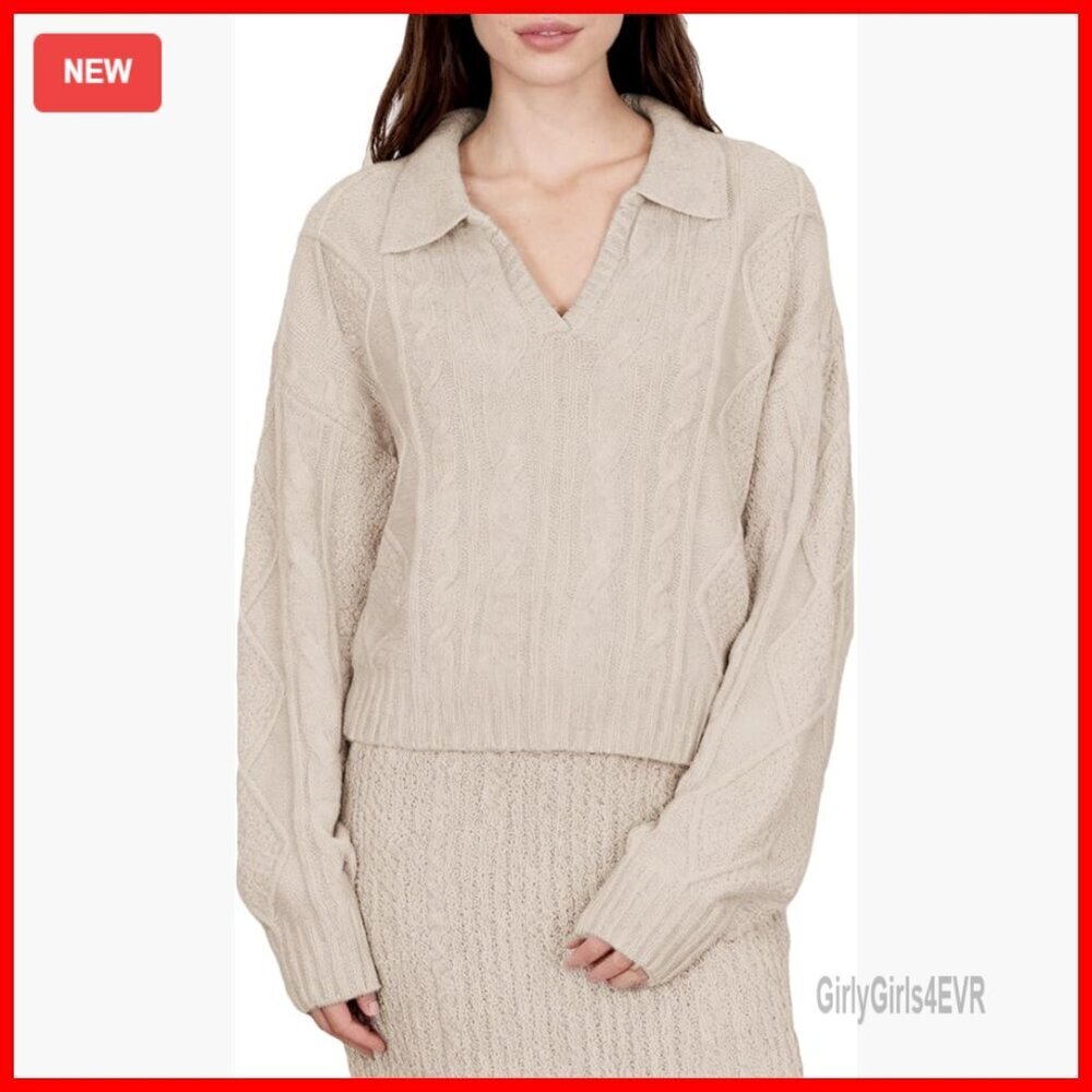 Women's 100% Wool Cable Knit Crop Sweater V-Neck Long Sleeve Pullover